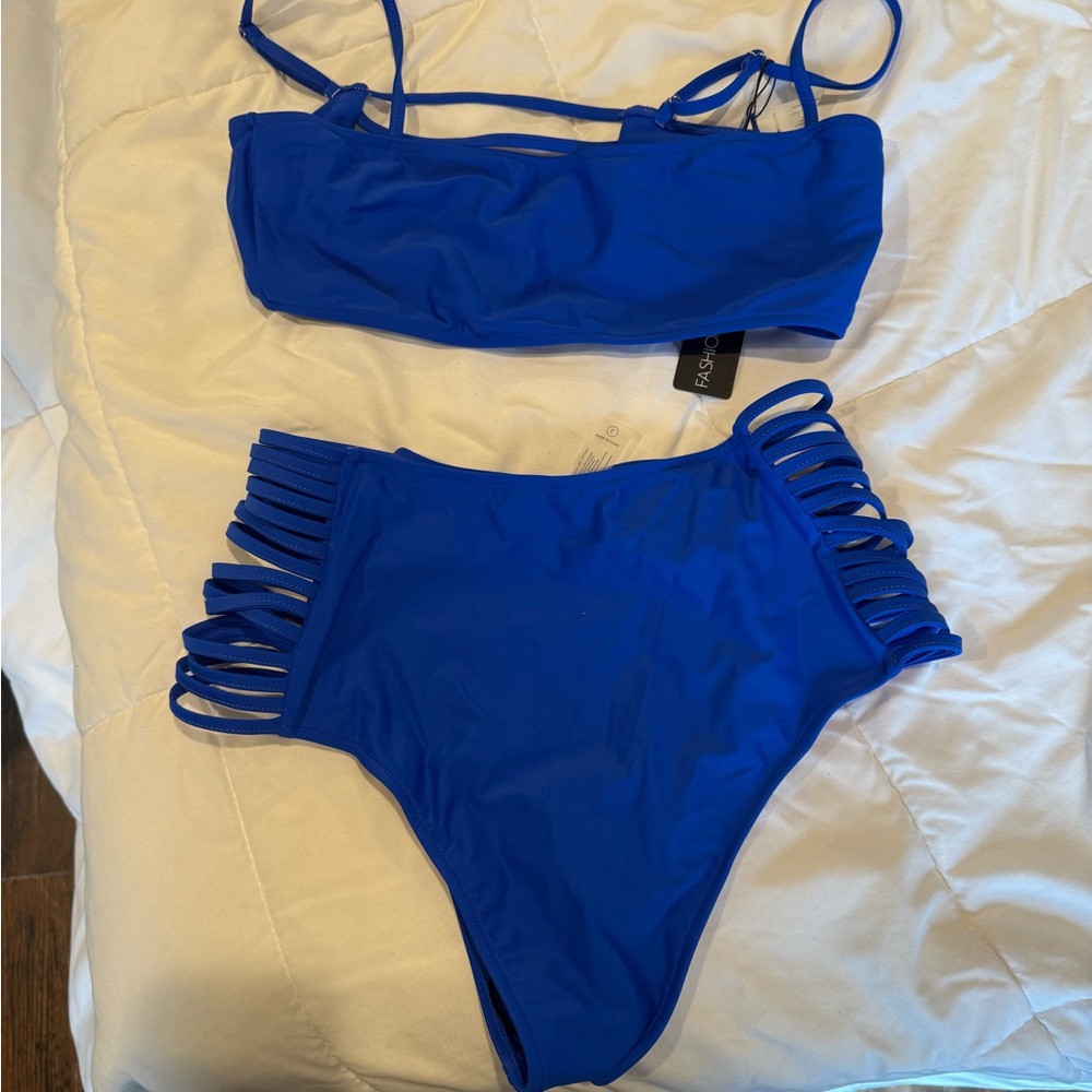 Fashion Nova Royal Blue Strappy High-Waist Bikini Set
